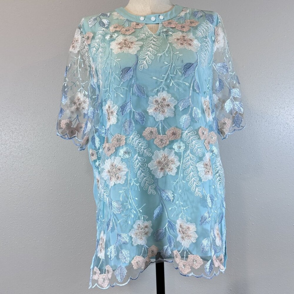 Floral Embroidered Sheer Overlay Tunic Blouse Keyhole Light Turquois Silver XXL